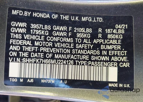 2021 Honda Civic Ex from USA, damaged, VIN SHHFK7H66MU224126